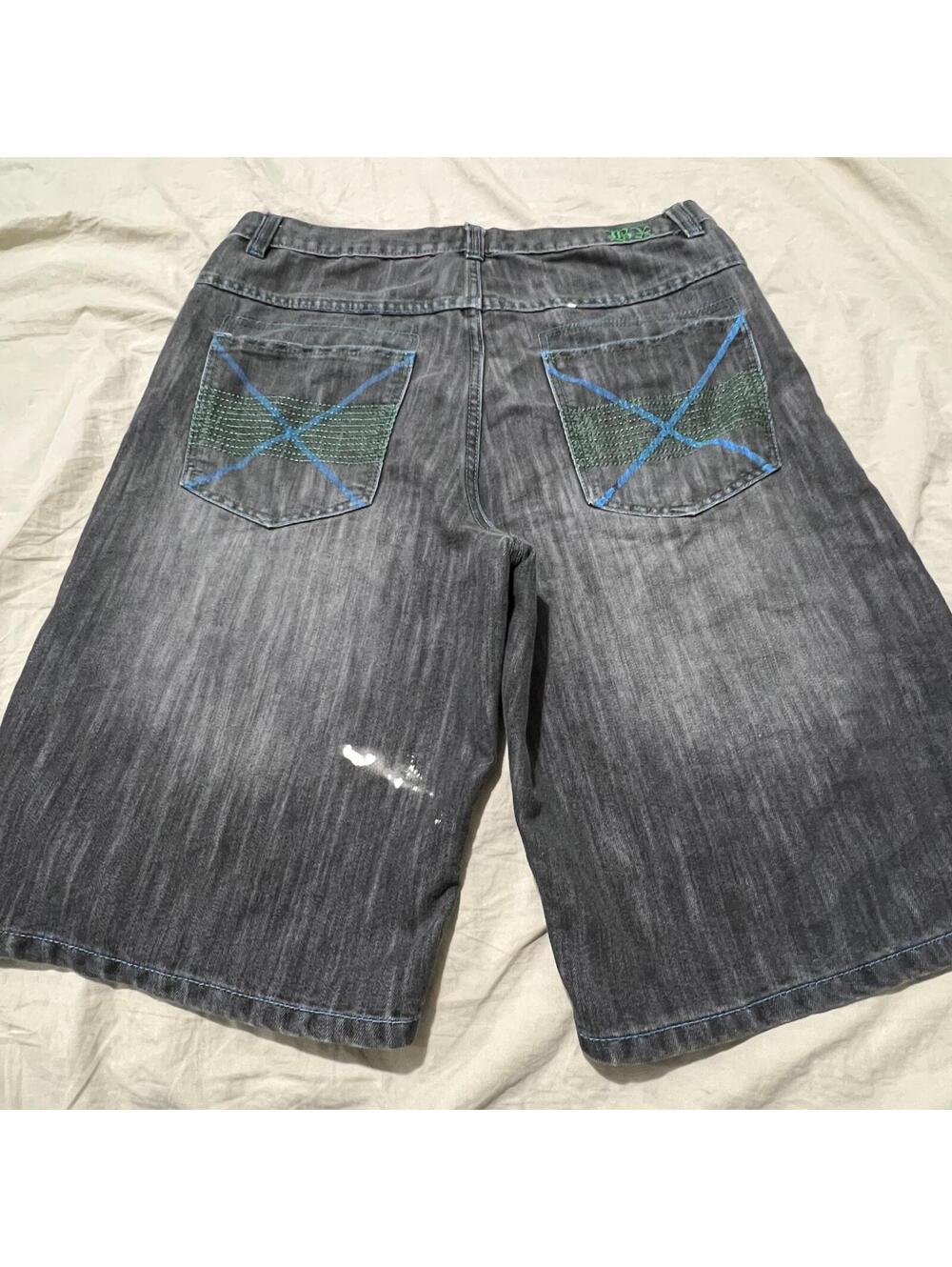 Y2K Brooklyn Xpress Embroidered Pockets Baggy Dark Stone Wash Denim Shorts 38x12